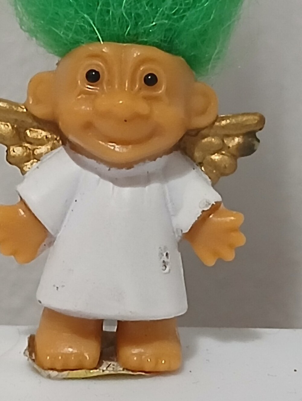 Russ 1" Troll Doll Green Hair Gold Angel Wings Christmas Mini Miniature